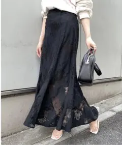 新品タグ付きChico総レースフレアロングスカート/マーメイドスカート ブラック