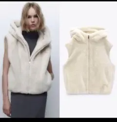 ZARAフェイクファーフード付きベスト L