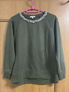 グローバルワーク⭐️ビーズ襟トレーナー薄手⭐️ラグランスエット柔らかい⭐️モスグリーン