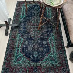 トルコ ヴィンテージラグA107 レア ネイビー ターコイズブルー オーバーダイ