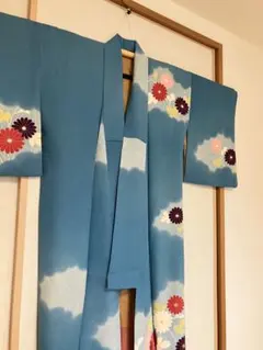 小紋着物 水色　菊　正絹　刺繍　昭和レトロ　和装　ヴィンテージ　リメイク素材