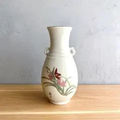 松本為佐視作 青白瓷 作家物 花器 陶器製フラワーベース 花柄 ホワイト