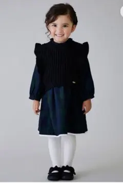petit main 110cm ニットベスト付きワンピース チェック ブラック