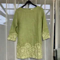 Oscope 緑色 花柄刺繍 7分袖チュニック