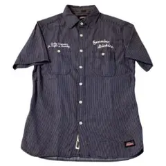 Dickies 刺繍 ヒッコリー 半袖 ワークシャツ 紺 M