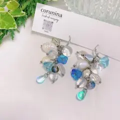 〖211〗フラワーチェコ（クリアブルー）　淡水パール　天然石クォーツ　ピアス