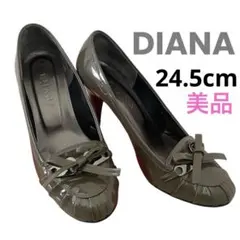 《美品》DIANA 24.5cm エナメル ハイヒール ダイアナ グレーカーキ