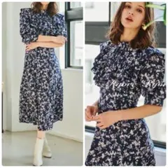 【極美品】And Couture フラワーフリルネックワンピース フレア