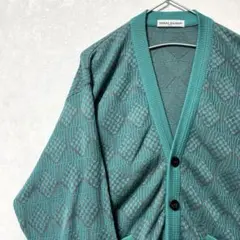デザインニット　カーディガン　総柄　ヴィンテージ　レトロ　ダイヤ　市松模様　青緑