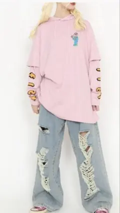 新品タグ付きピンク レイヤードフード付き パーカー　PUNYUS