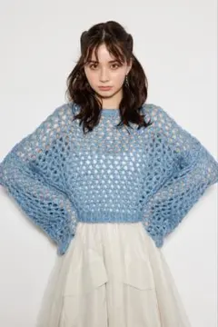 【美品】rienda◆幾何学メッシュニットトップス/ブルー/ラメ