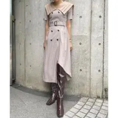 REDYAZEL ビッグカラー 上品トレンチ風ワンピース ベージュ 夏 通勤 S