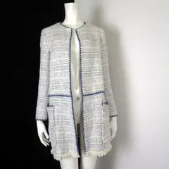 ZARA BASIC ツイード ノーカラージャケット アイボリー ブルーのサムネイル