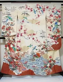 振袖 正絹 綸子 刺繍 孔雀に牡丹 四季花文 158cm前後ベスト 優品のサムネイル