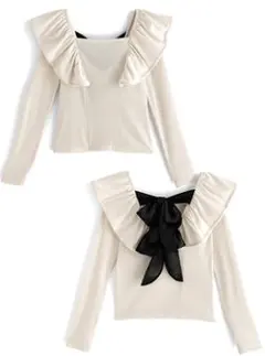 ★GRL★配色バックリボンフリルテレコリブトップス★ブラック★グレイル★新品★