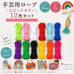 手芸用ロープ 4mm 3m 12色セット カラーコード ビビッド ハンドメイド
