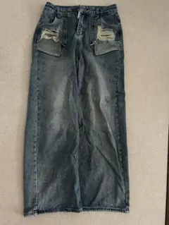 ダメージ加工 ワイドジーンズ ダークブルー