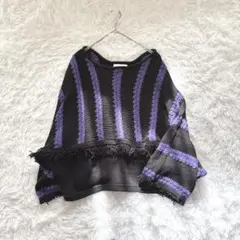 【HARE】ニットポンチョ　ニット　フリンジ　黒/紫　ストライプ
