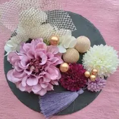 ラベンダーダリアに白と紫のピンポンマムと紫陽花とラベンダーのタッセルの髪飾り