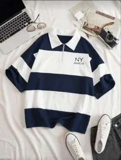 SHEIN ネイビー ホワイト ストライプ ポロシャツ M