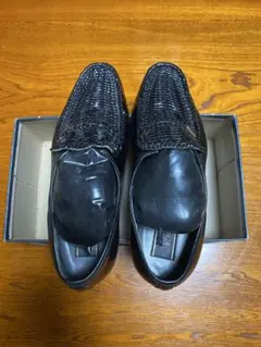 黒レザー 編み込みローファー 25.5cm