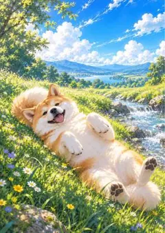 【イラスト】草原で遊ぶ柴犬 アートポスター