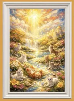 光が降りそそぐ楽園で幸運が目を覚ます開運猫　額縁付き　グラフィックアート