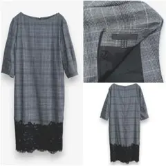 *iCB*ストレッチウール グレンチェック スカラップレース切替 ワンピース