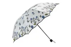 【新品】 晴雨兼用折りたたみ傘　UVカット　花柄　雨傘日傘（白/青色)