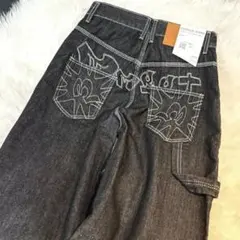 【新品】バギーデニム 刺繍 ワイド ジーンズ デニム Y2K風 極太 ブラックM