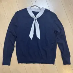 リボン付きネイビー 薄手セーター Lサイズ パールピン付き