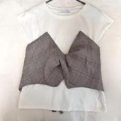 《アズールバイマウジー》フレンチスリーブ　チェック柄ビスチェ風トップス【M】