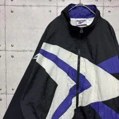 90s Reebok ナイロンジャケット ベクターロゴ刺繍 紫黒白Ｌ〜 XL相当