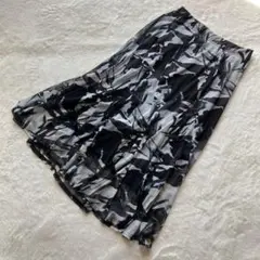 F-Bard ペイント風デザインミモレ丈フレアスカート　LL 白黒　総ゴム　春夏