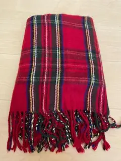 赤 チェック柄 マフラー フリンジ付き