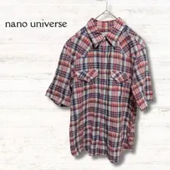 ナノユニバース nano universe 半袖シャツ チェック 赤 L 麻混
