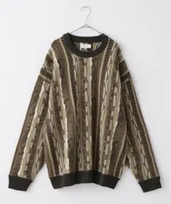 ヴィンテージライクジャガードストライプクルーネックプルオーバーニット Lサイズ