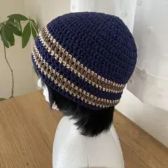 ハンドメイド＊綿100%◆ネイビー×ブラウン◆ビーニー・クラッシャーハット