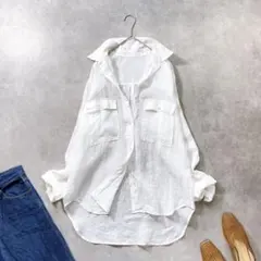 美品✨ミラオーウェン フレンチリネン100% 洗える スキッパーシャツ 白 