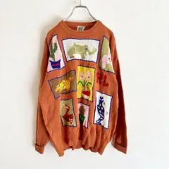 A95 アート刺繍ニット　動物デザイン カラフル レトロ ニット　ゆるだぼ