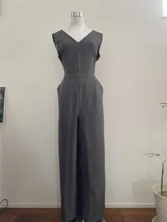 グレー Vネック サロペット バックオープン　リボン