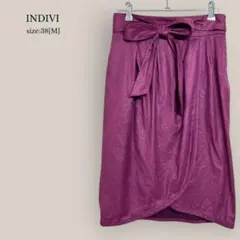 インディヴィINDIVIスエードタイトスカート　ミモレ丈　パープル　リボン