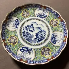 有田焼　大喜陶器　色絵　染錦山水図　高級陶器　丸喜陶苑　大皿　飾り皿　盛皿　金縁