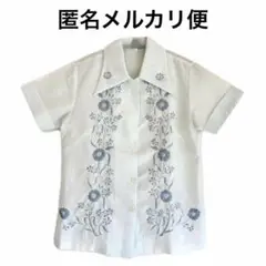 フィリピン　手刺繍　ヴィンテージ　シャツブラウス　半袖　水色系