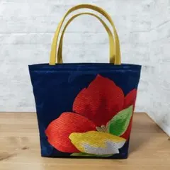 帯リメイクバッグ紺色 赤い花