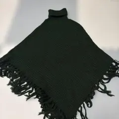 ダークグリーン フリンジ付きニットポンチョ