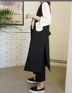 ロングジレ　ロングベスト　S 黒　ブラック