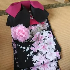 浴衣 帯 髪飾り 4点セット 黒地 百合柄