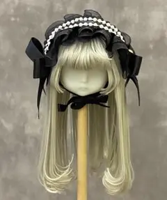 2点同梱お値引きセット　ハンドメイド セリアドール用 ヘッドドレス黒とウィッグ等