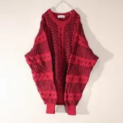 90s 3Dニット 立体編みセーター ニューウール100 赤 古着 XL y2k